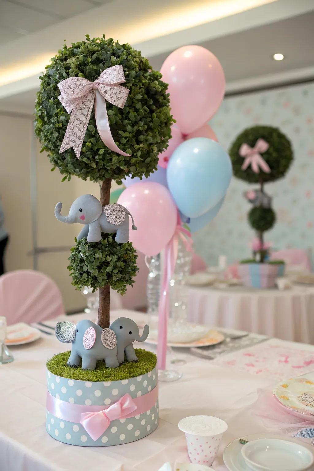 A charming elephant-themed topiary centerpiece.
