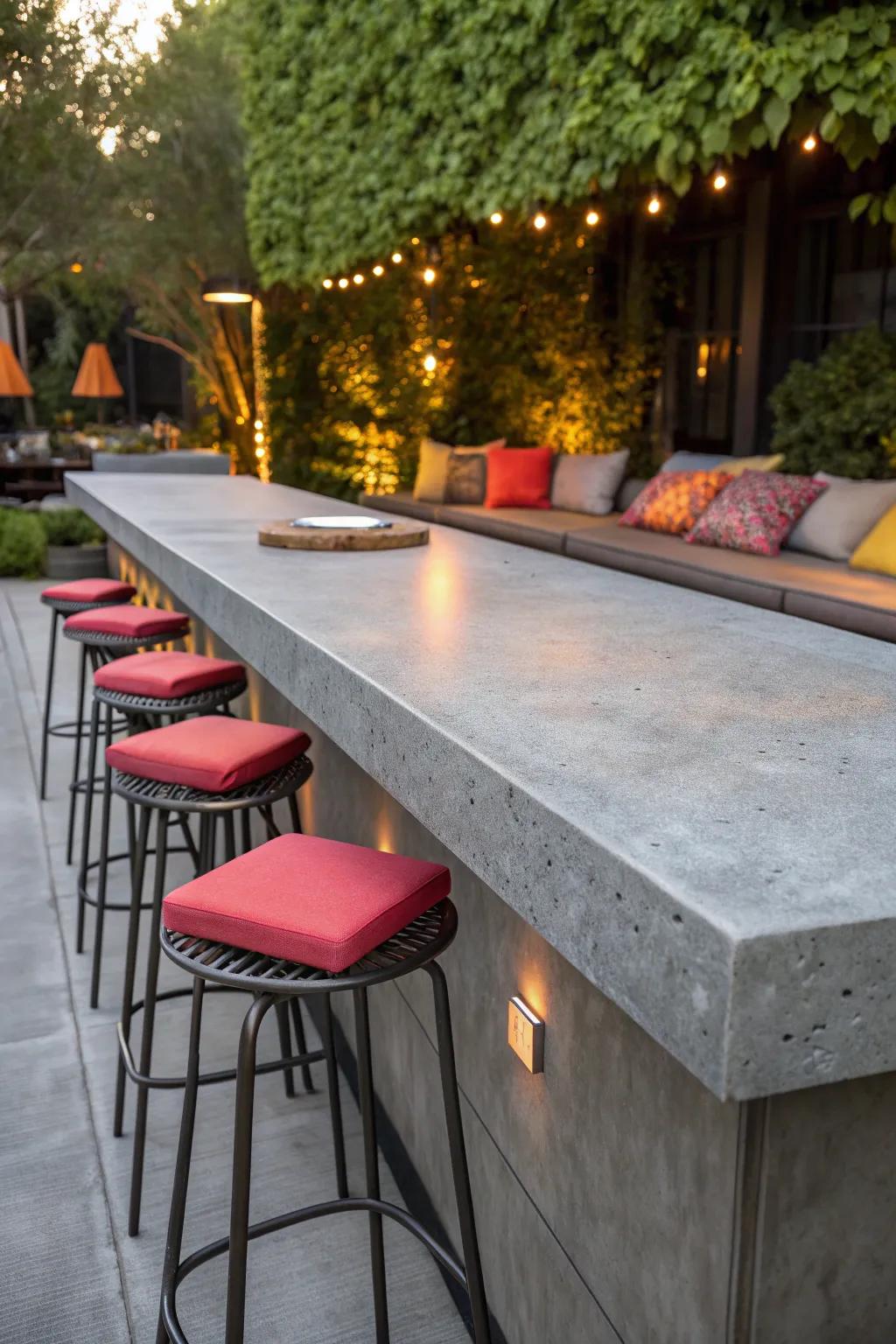 Elevate your outdoor space with the sleek elegance of a handcrafted concrete bar top.