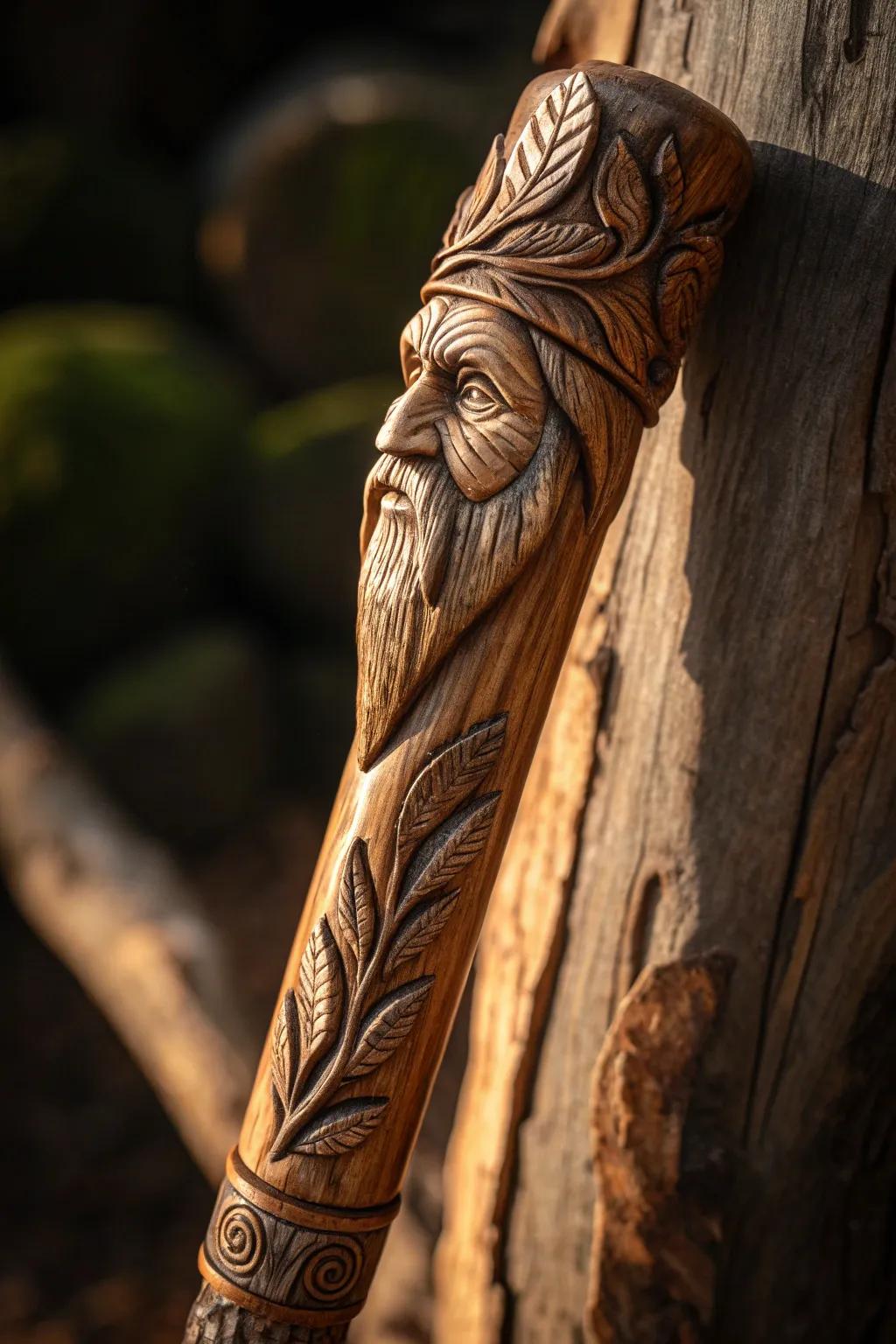 Embrace the mystique of nature with a handcrafted walking stick adorned with enchanting wood spirit carvings.