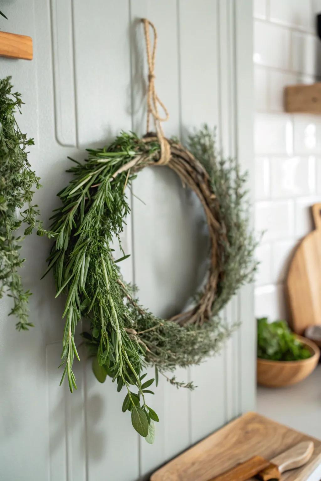 Elevate your kitchen decor with the natural beauty and aroma of a fresh herb wreath.