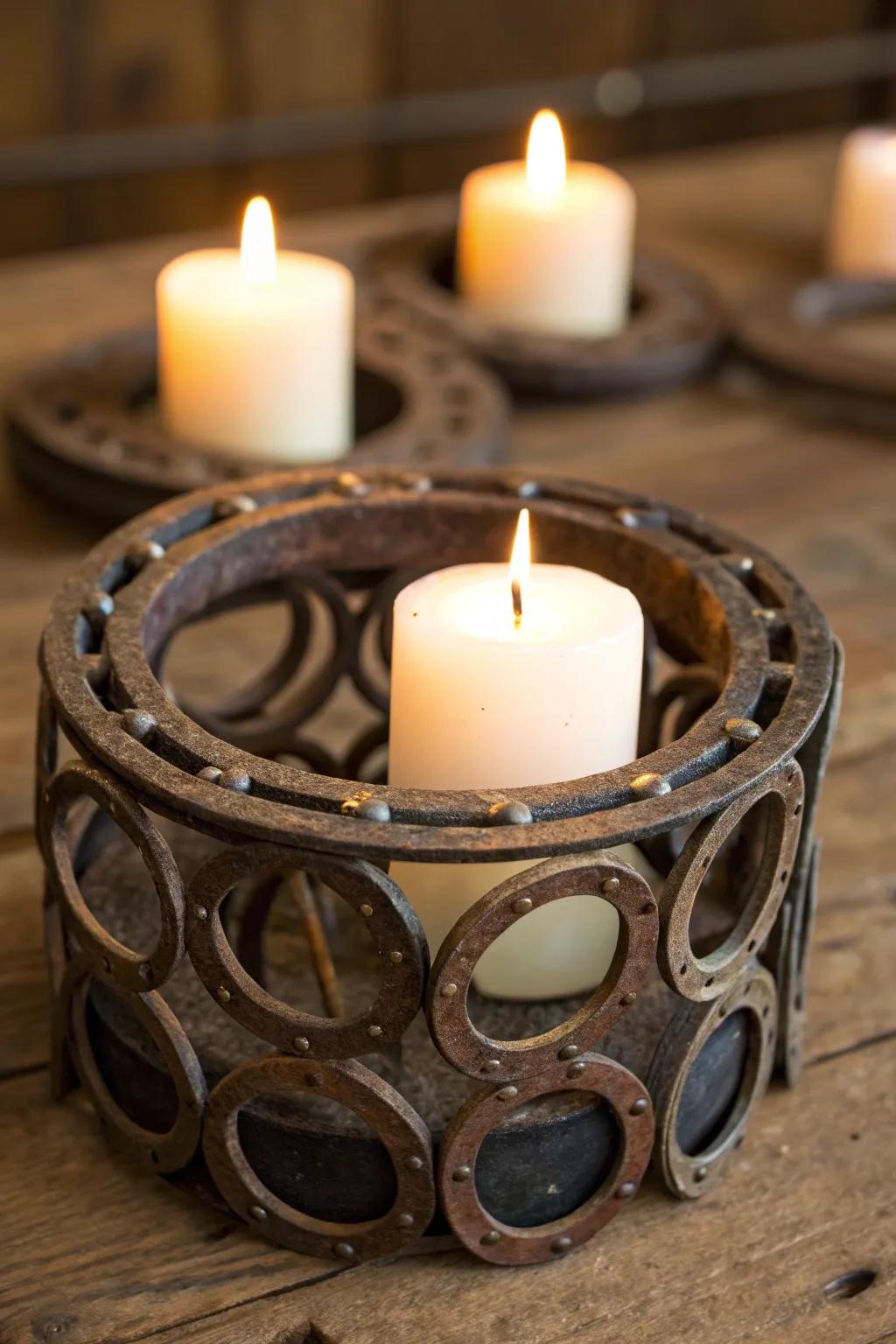 Illuminate your space with rustic elegance: Handcrafted horseshoe candle holder.