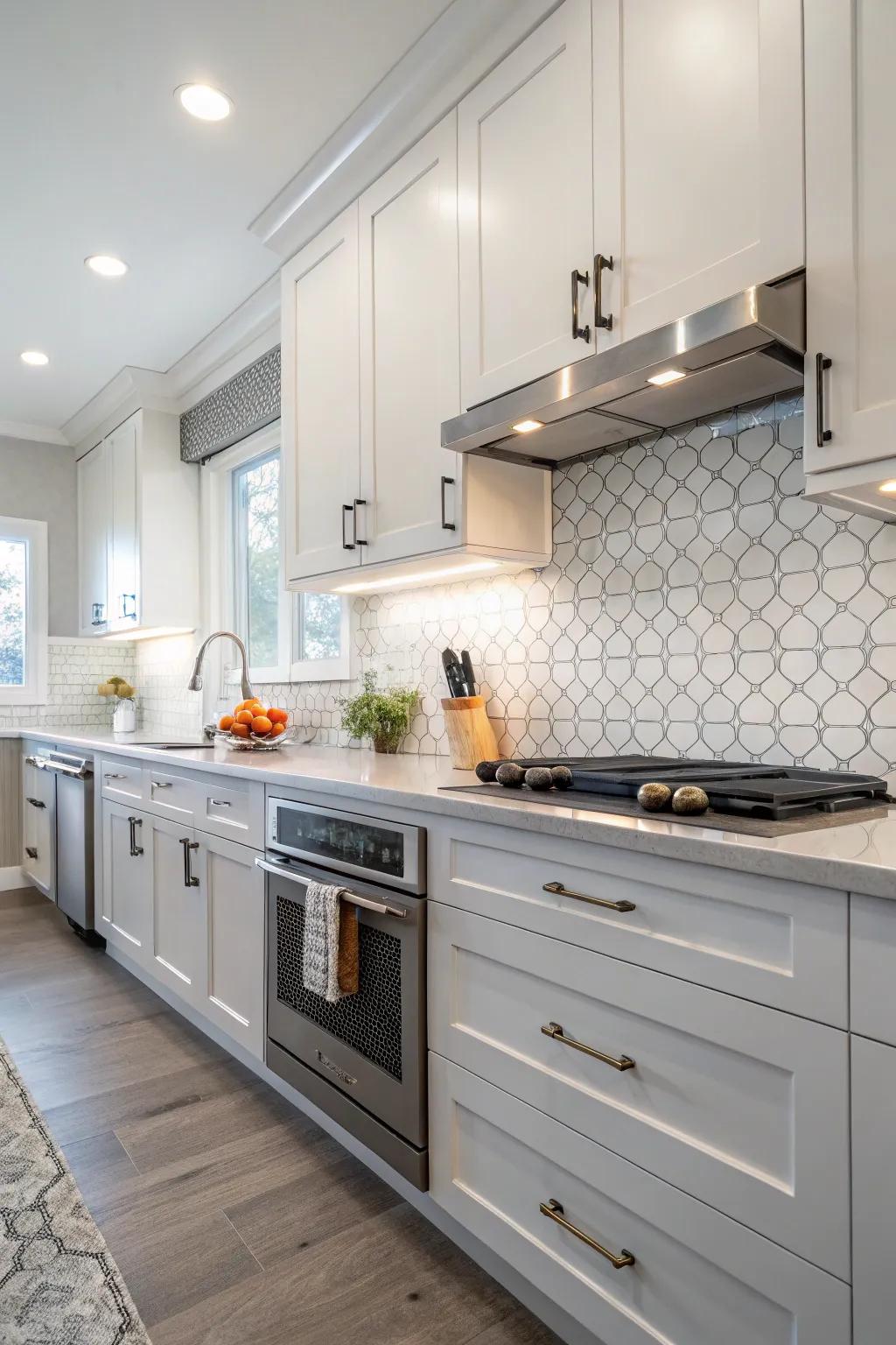 Modern kitchen with a chic backsplash and updated cabinet hardware.
