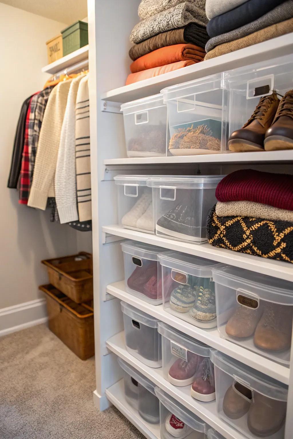 Clear bins make it easy to see and access what's stored on deep shelves.