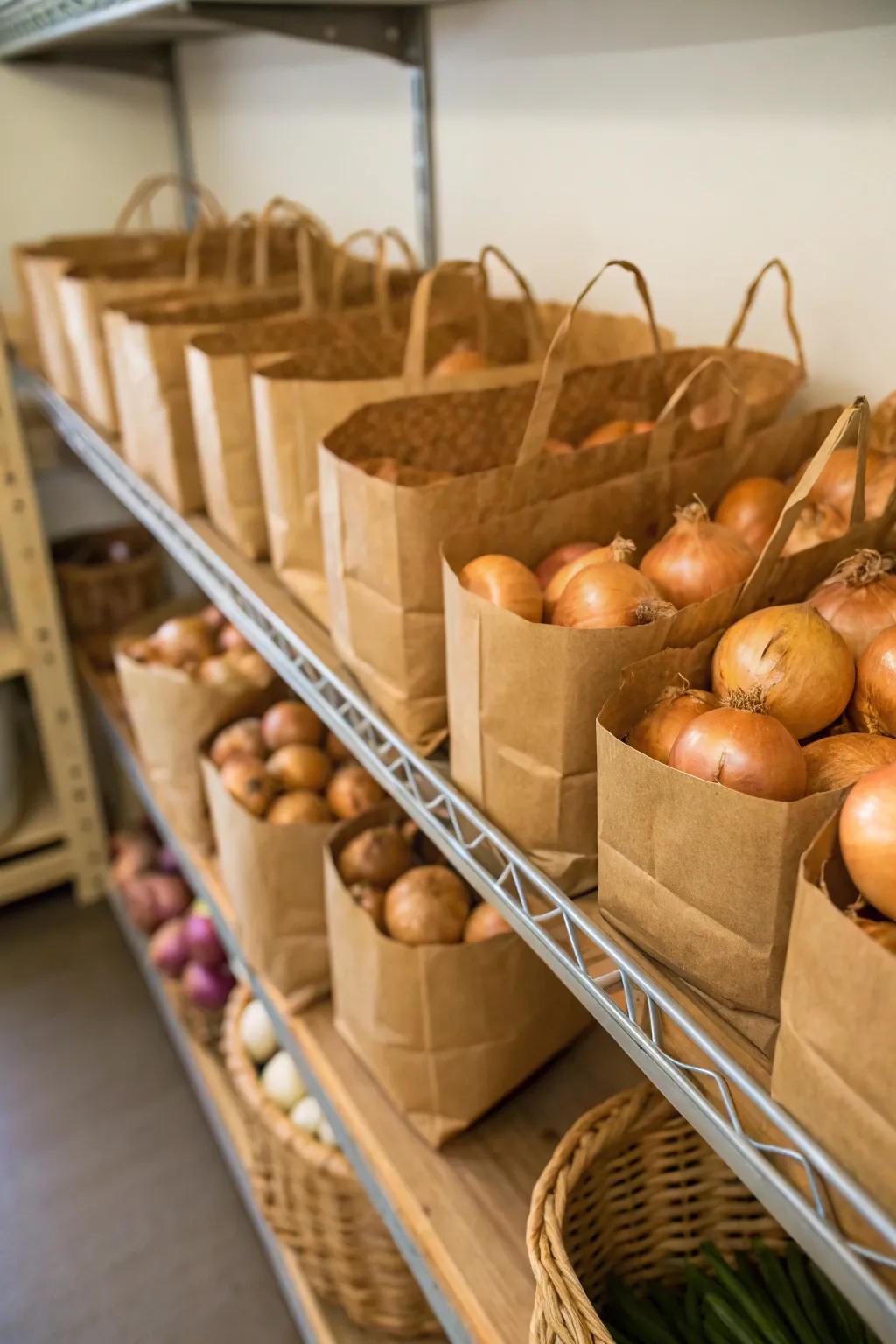 Paper bags are an easy and cost-effective way to store onions.