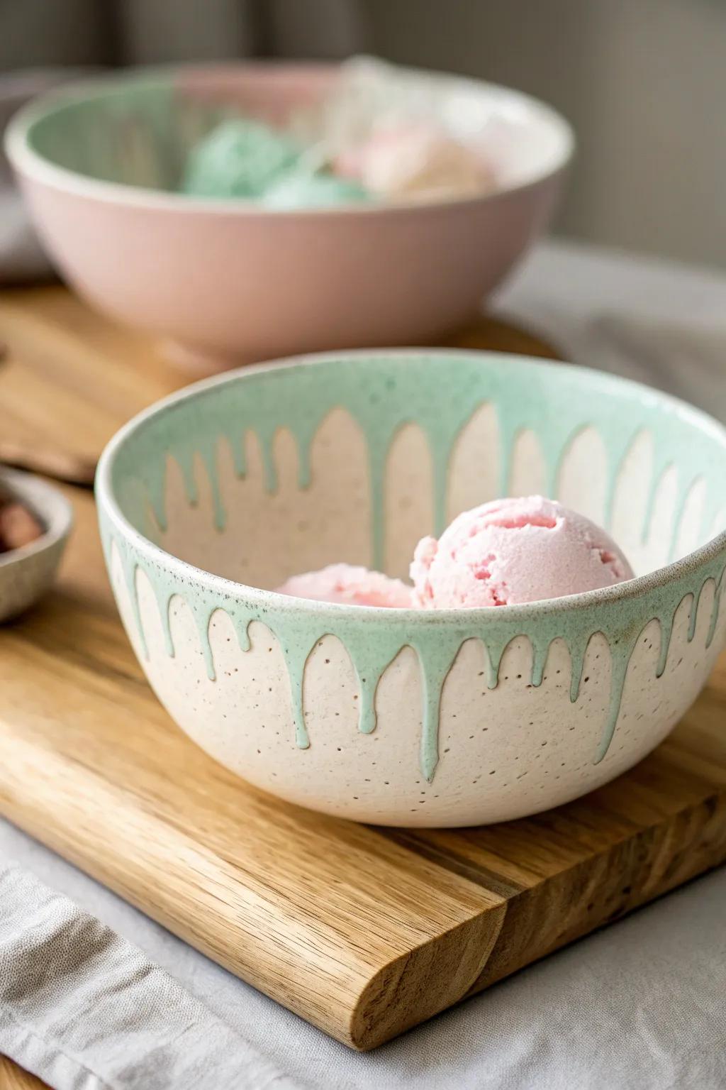Indulge in the sweet simplicity of handcrafted elegance with this ice cream drip effect bowl.