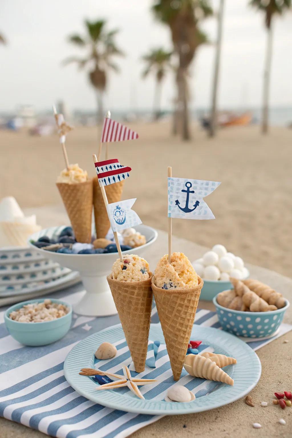 Nautical-themed ice cream cones perfect for a summer party.