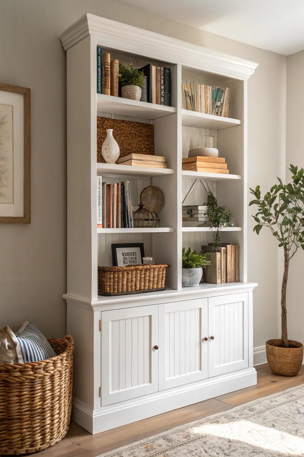 Embrace the timeless elegance of classic whites and creams for your built-in bookshelves, where simplicity meets natural beauty.