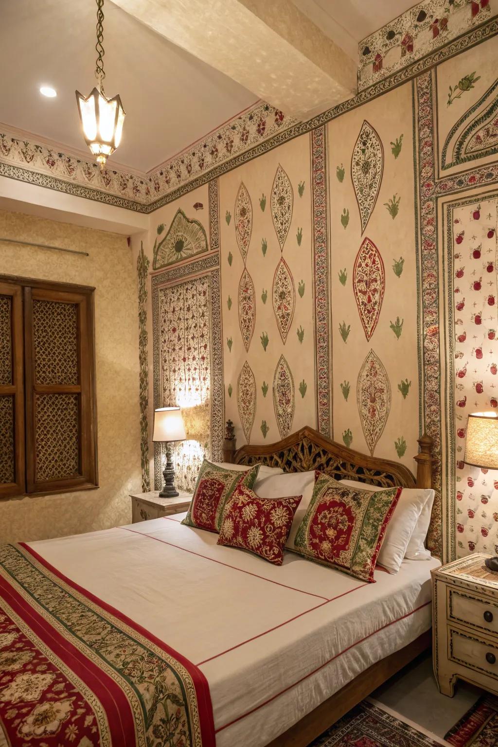 Traditional patterns add cultural depth to any bedroom.