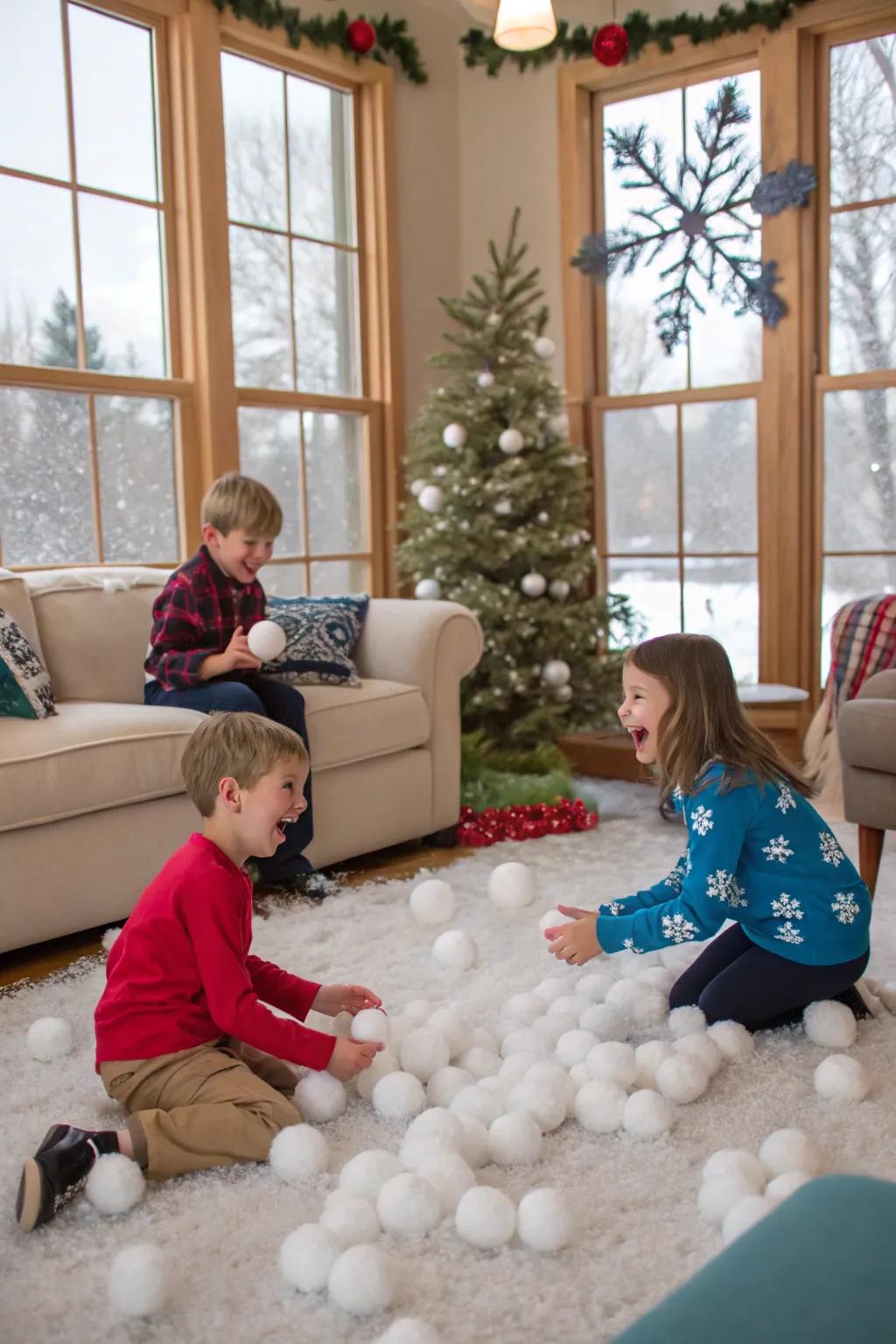 Kids having a blast with an indoor snowball fight in a cozy living room.