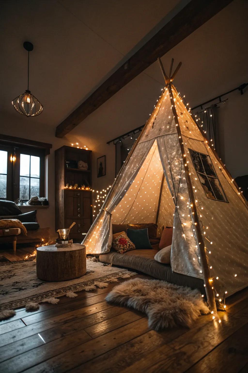 Transform your indoor space into a magical retreat with a canopy of twinkling fairy lights.