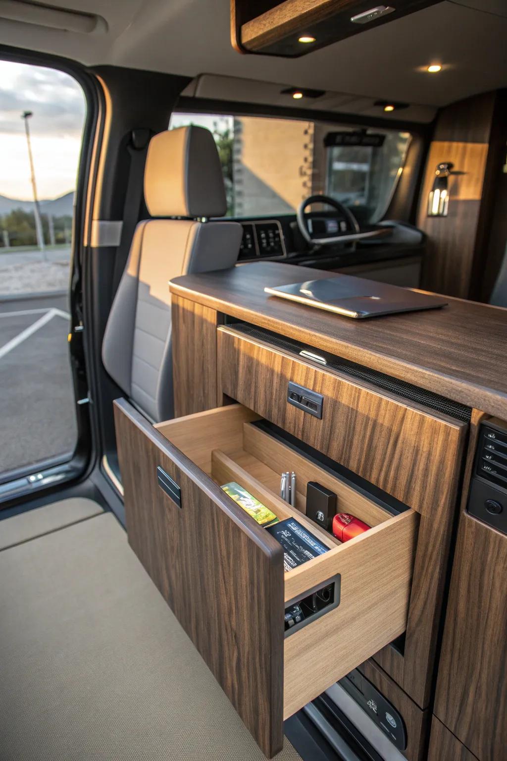 Discover the art of hidden storage with this expertly crafted camper van panel.