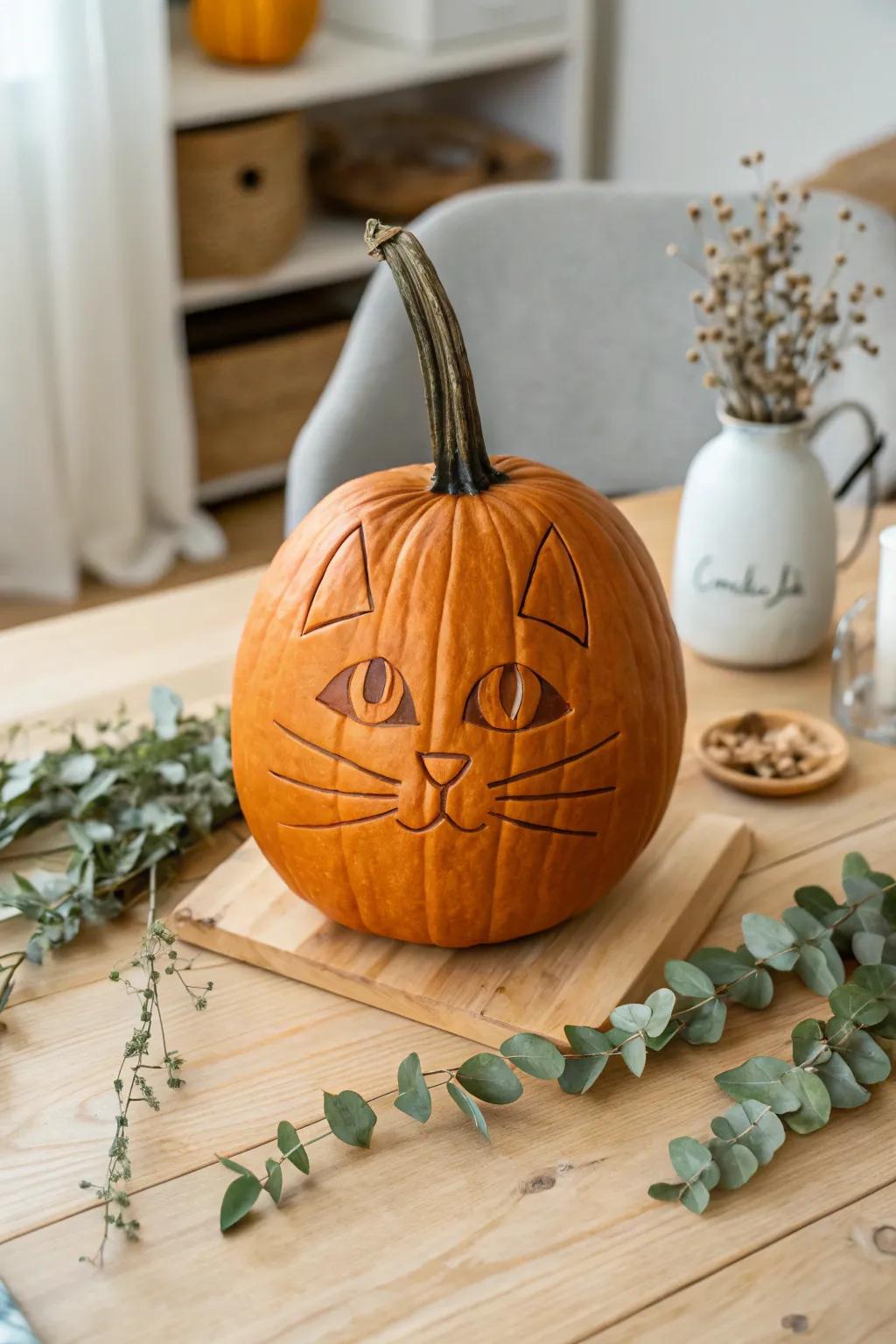 Add a playful twist to your autumn decor with this charming whimsical cat face jack-o'-lantern!