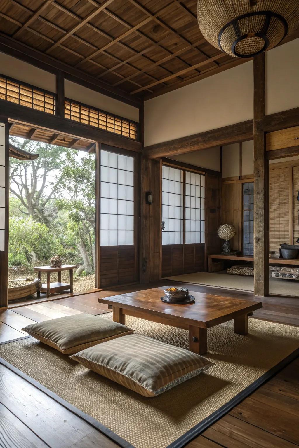 Natural wood and bamboo accents bring warmth to this Japanese living room.