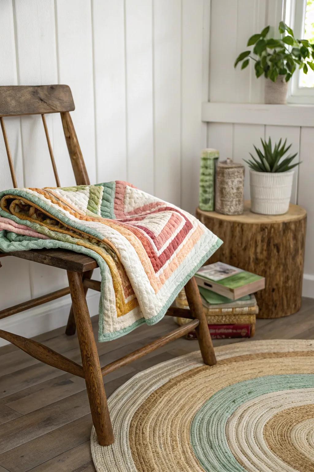 Discover the Log Cabin Twist: A modern masterpiece blending tradition and creativity with vibrant jelly roll strips. Perfect for your minimalist boho sanctuary.