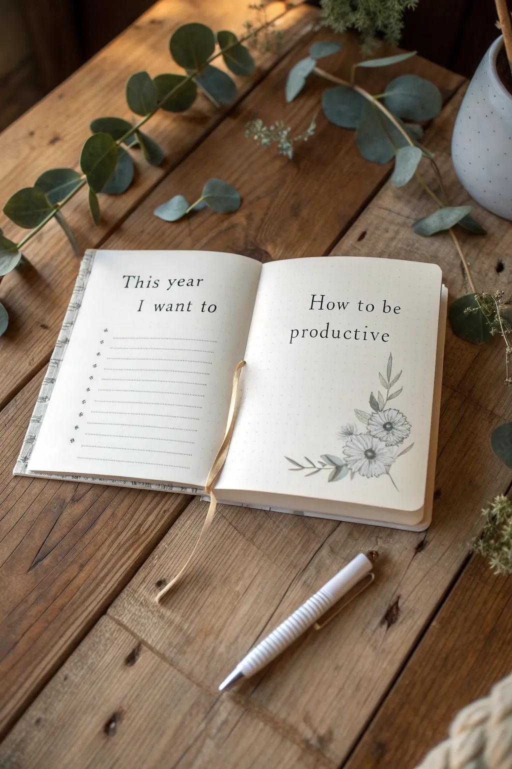 Unleash your productivity potential with a beautifully themed journal. Embrace simplicity and elegance to stay focused and inspired.