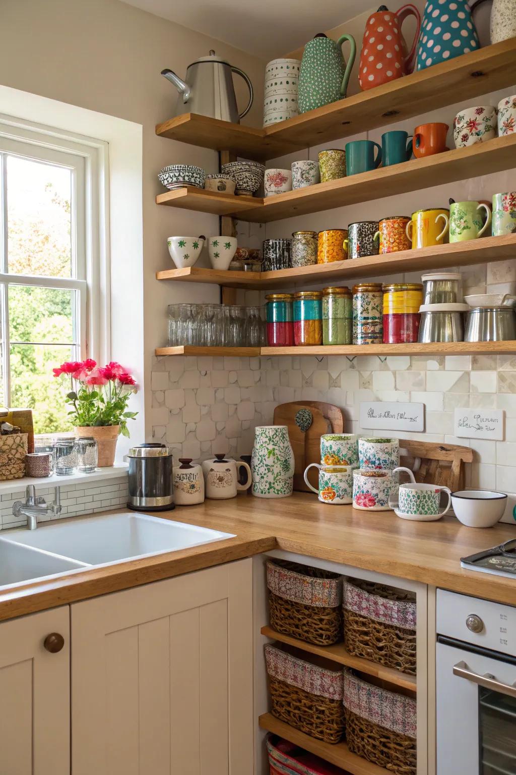 Open shelving above a coffee station showcasing mugs and coffee essentials.