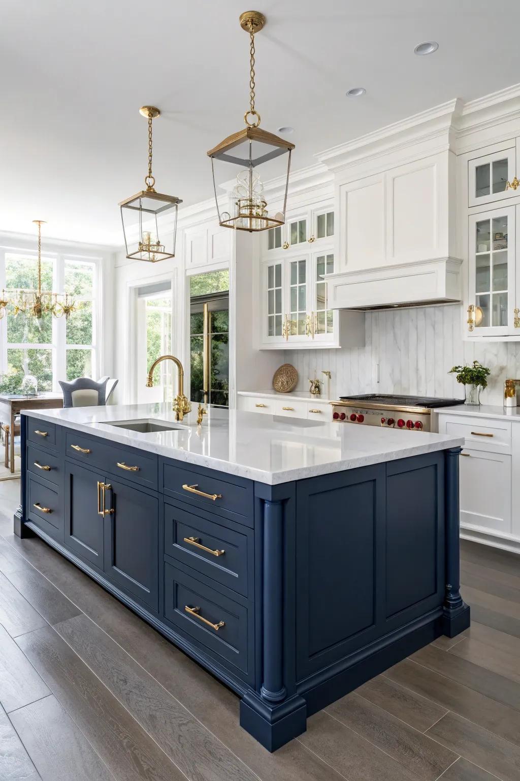 A bold navy blue kitchen island becomes a sophisticated centerpiece in this elegant kitchen.