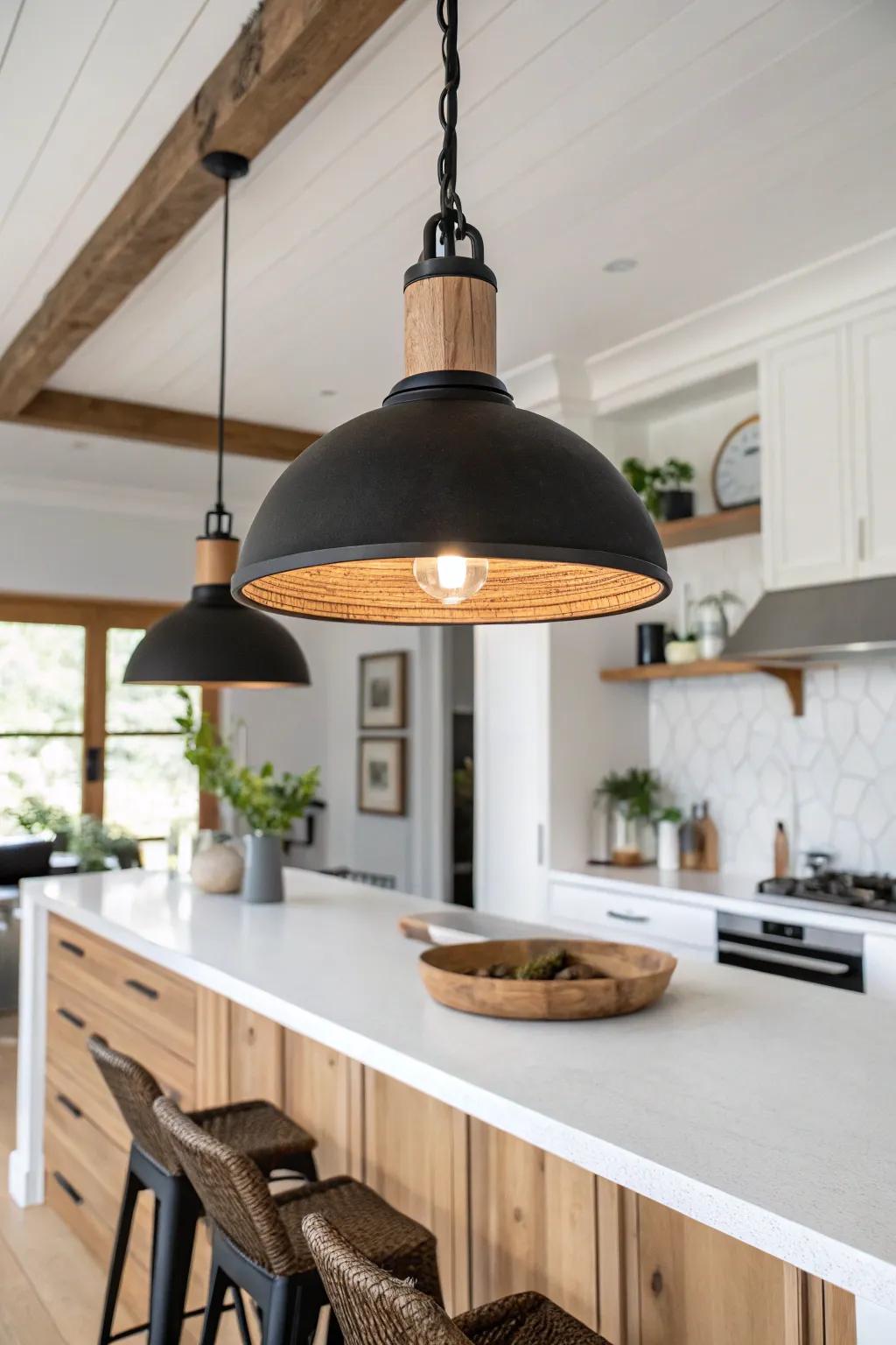Transform your kitchen island with chic pendant lighting—where modern meets natural beauty.