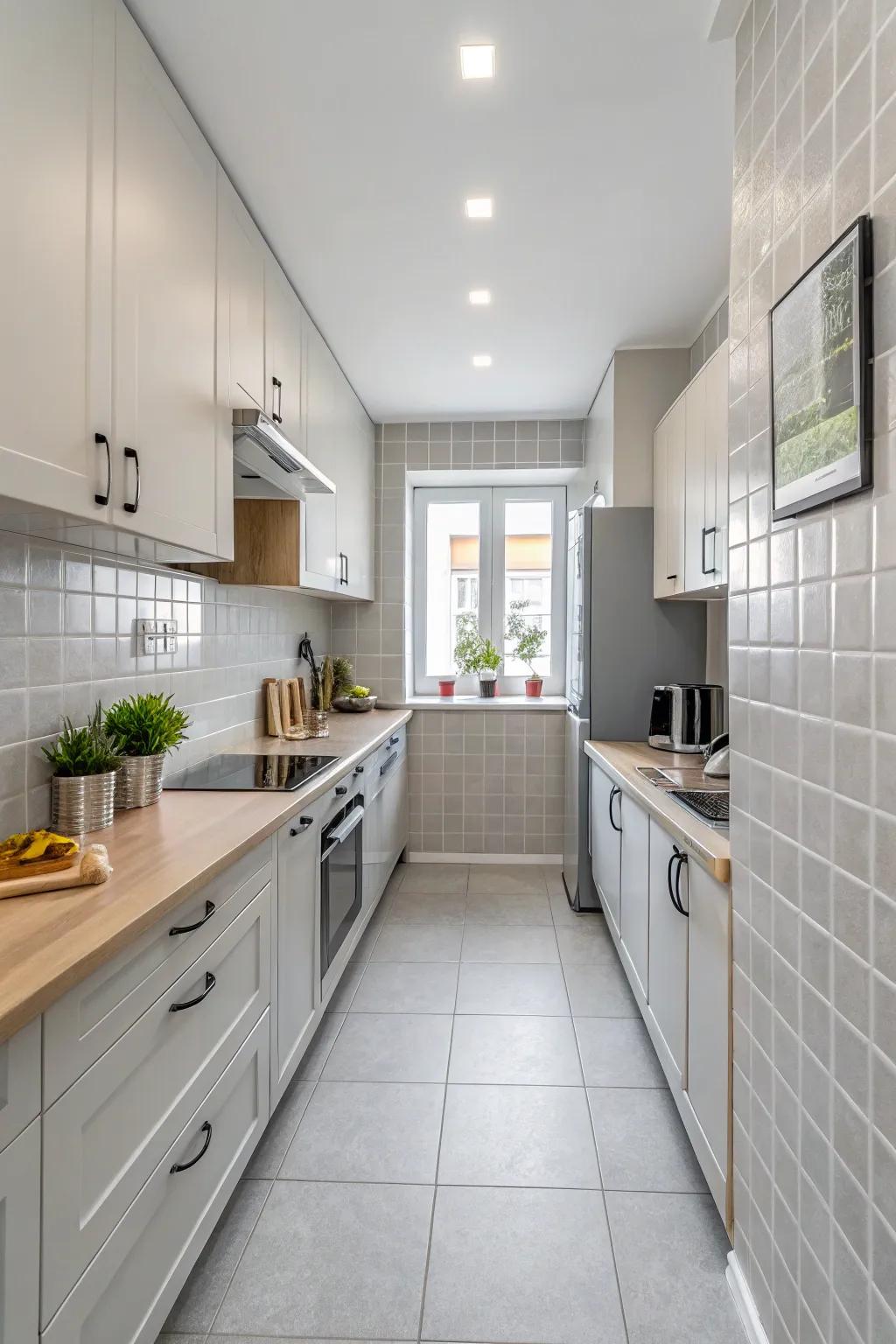 Light gray tiles create a clean and spacious feel in this kitchen.