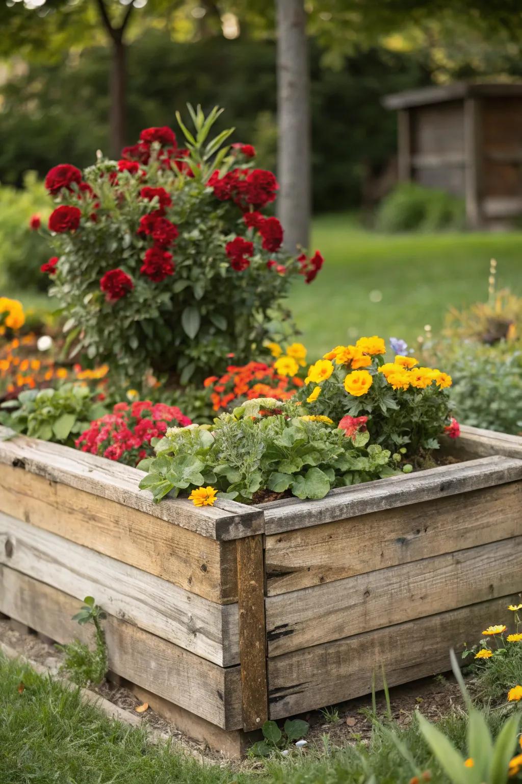 Elevate your garden's charm with a handcrafted raised flower bed, where reclaimed wood meets vibrant blooms.