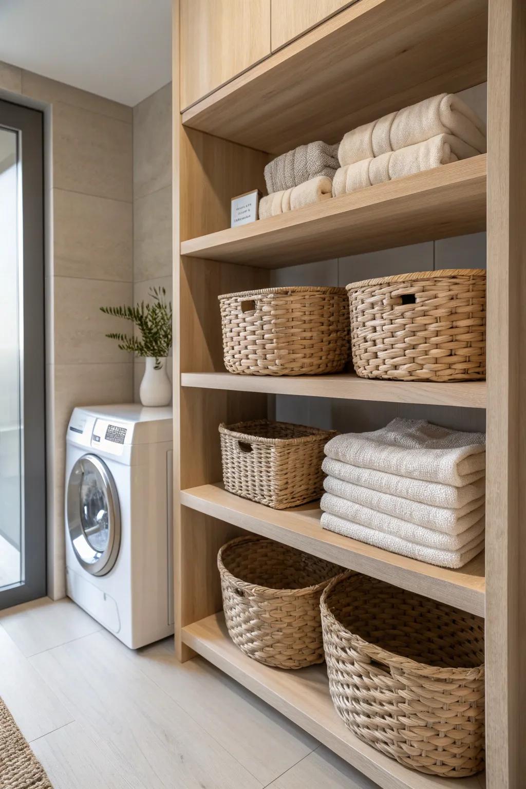 Elevate your laundry space with chic shelving and boho baskets for a touch of organized elegance.