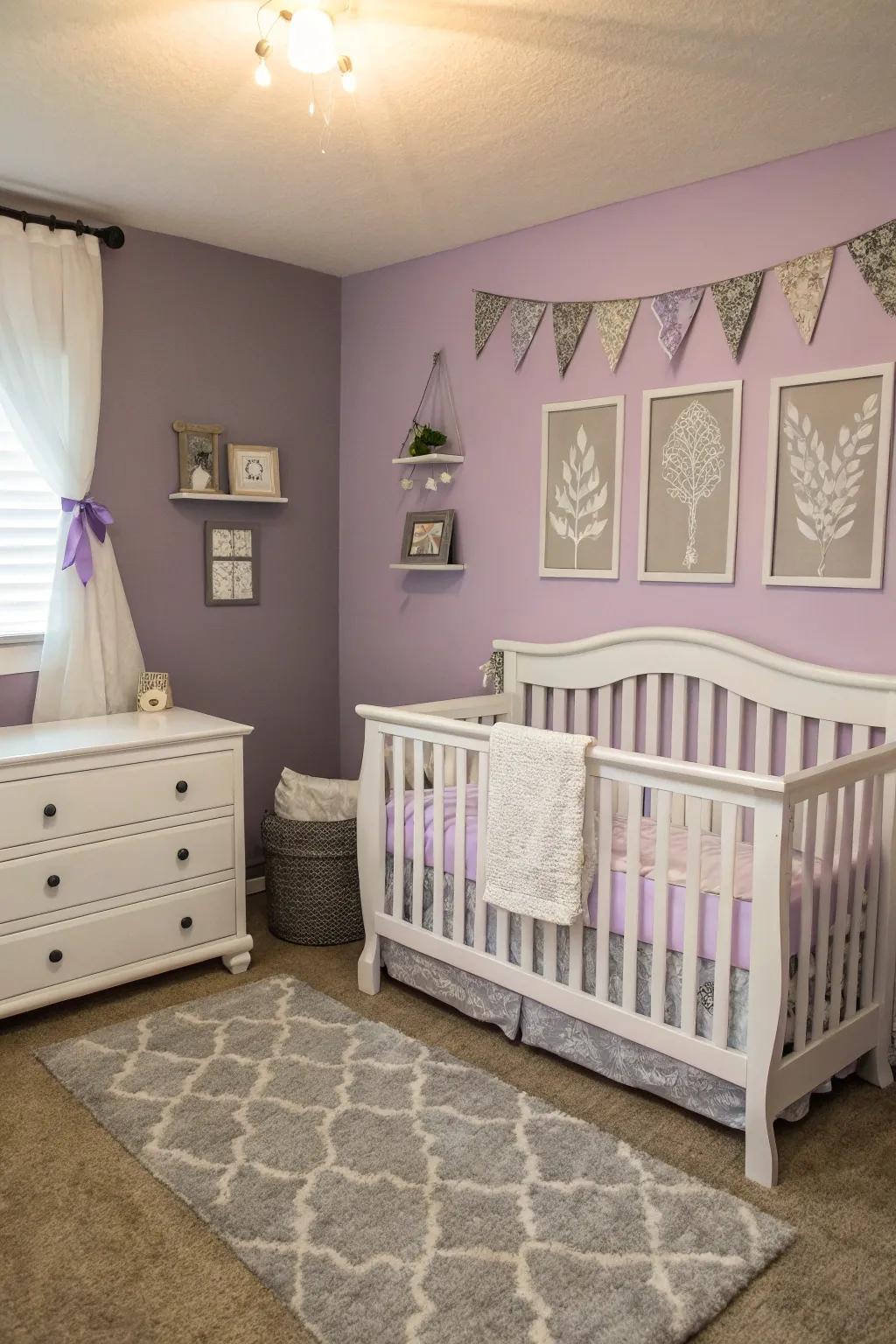 White and gray accents enhance the lavender ambiance.