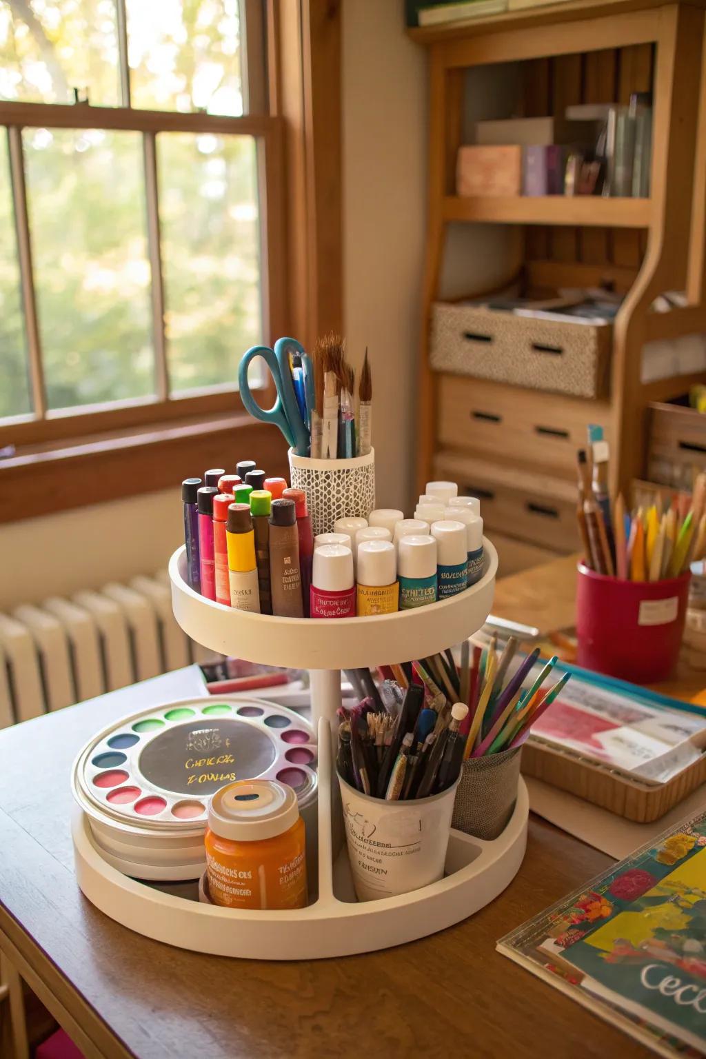 A creative corner with a lazy susan organizing craft supplies.