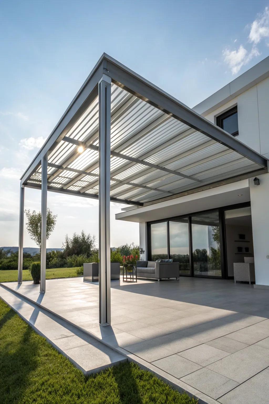 Elevate your outdoor space with a sleek metal patio cover that exudes modern elegance and craftsmanship.