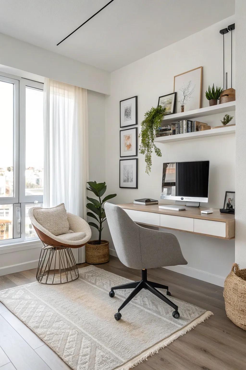 A floating desk adds elegance and functionality to any living room.