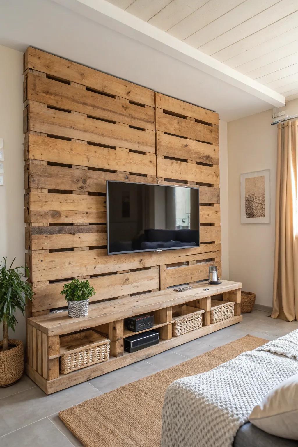 Transform your TV into a stunning focal point with a chic pallet wall design.