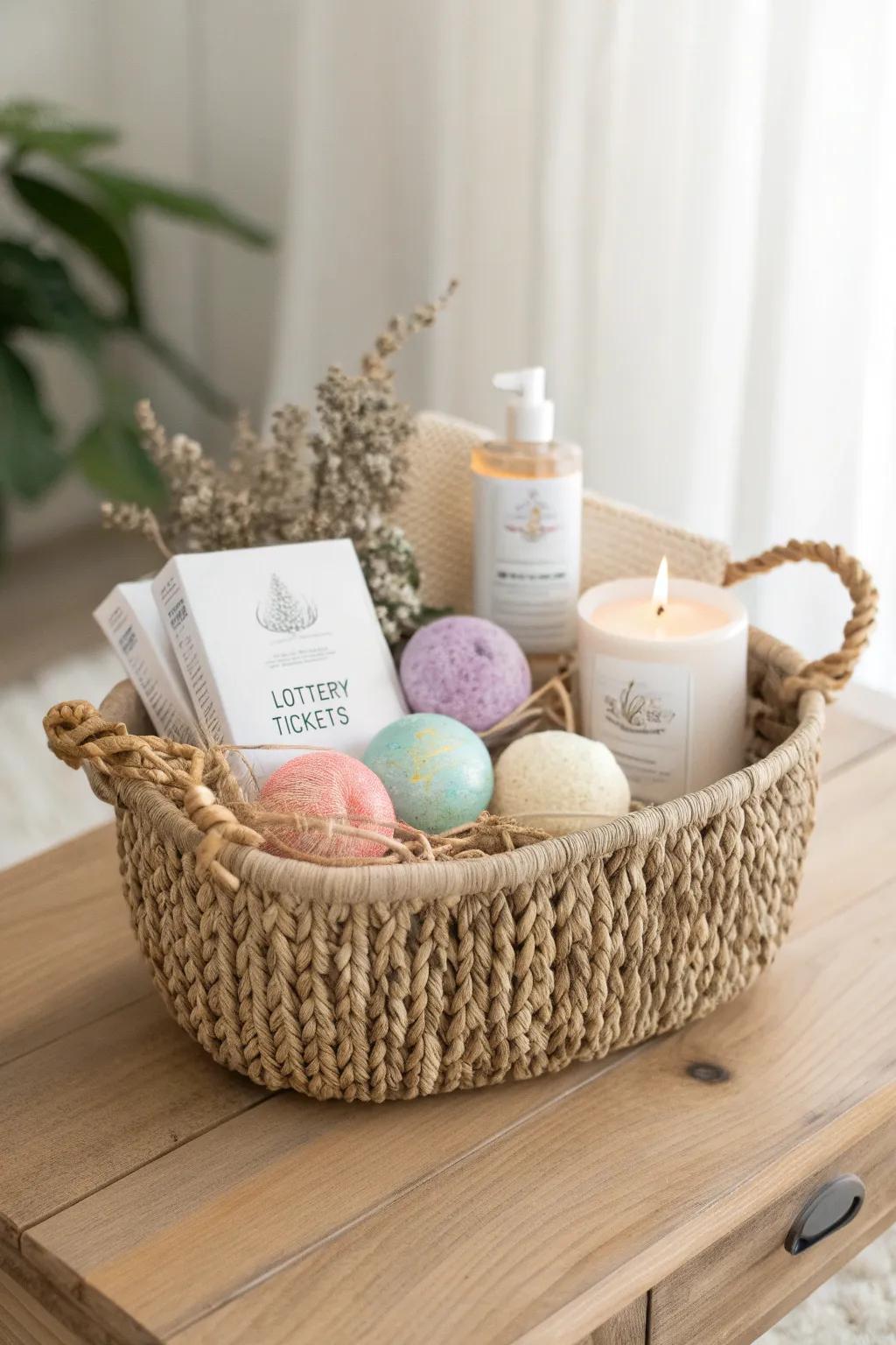 Unwind in luxury and test your luck with this elegant Spa and Scratch gift basket.