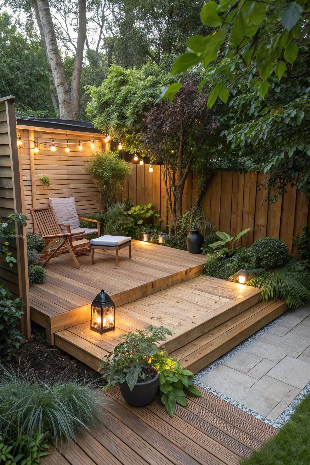 Discover serenity with a compact floating deck: your perfect backyard hideaway.