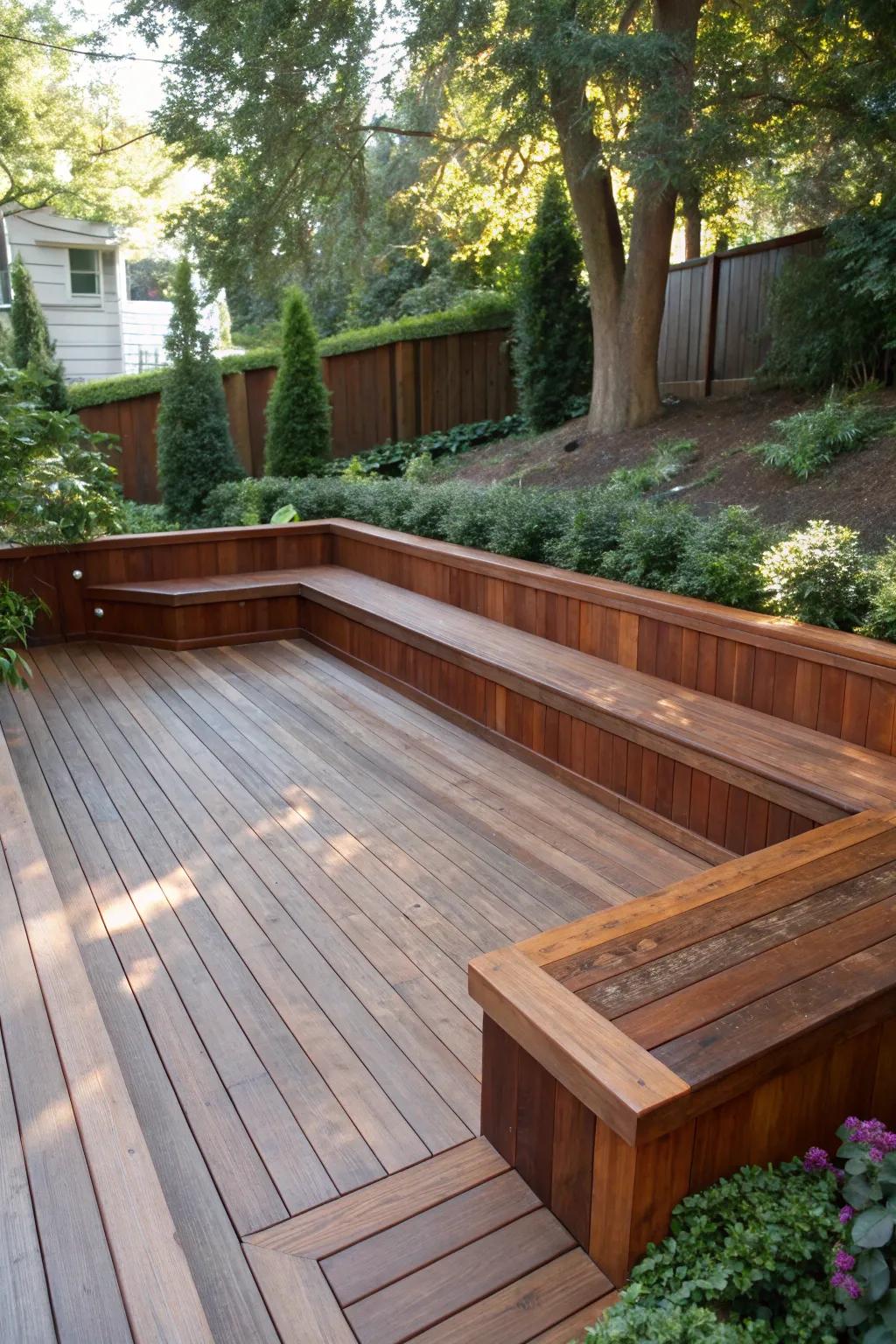 Elevate your outdoor space with the elegance of integrated bench seating on a low-profile deck.