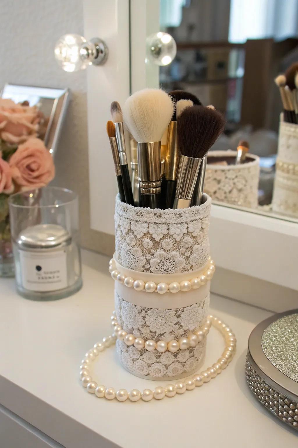 A decorative holder adds a personal touch to makeup brush organization.