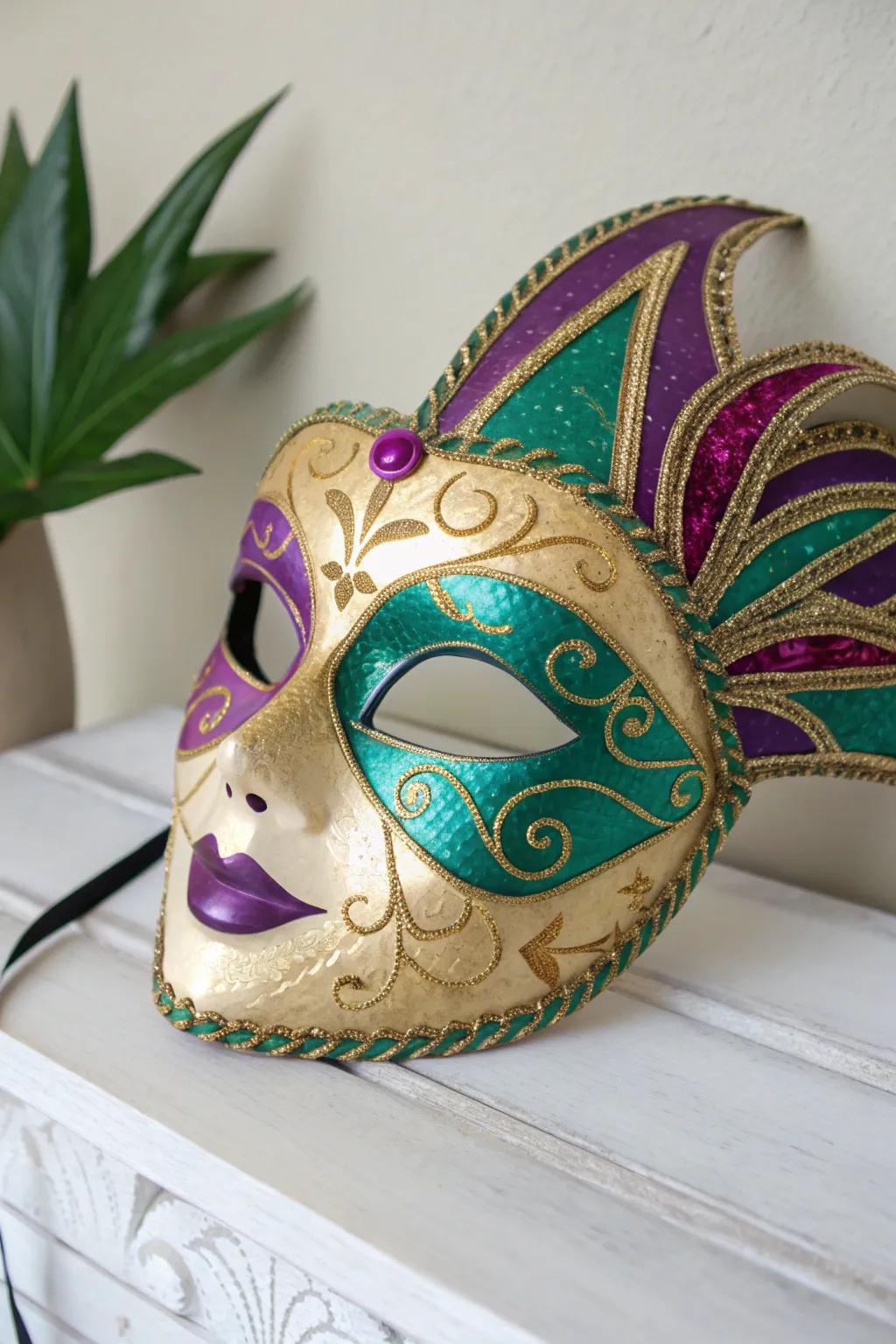 Celebrate in style with a Mardi Gras mask that blends tradition with a fresh, bold twist. 💜💚💛