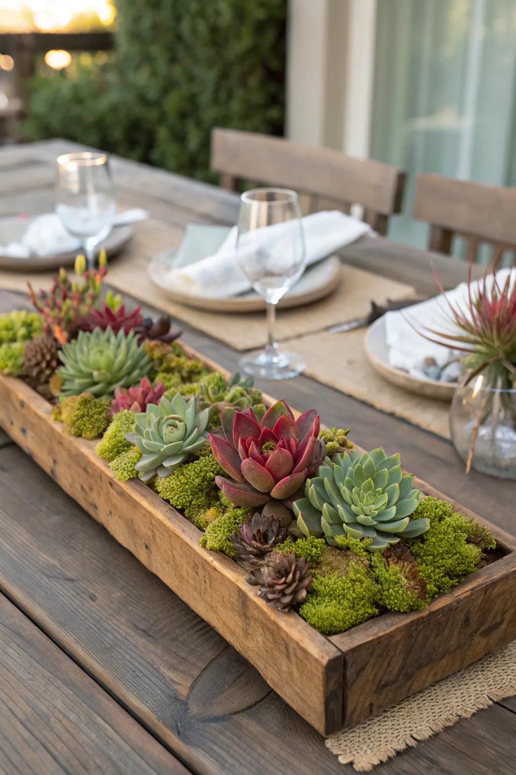 Embrace rustic elegance with a wooden tray centerpiece filled with greenery.
