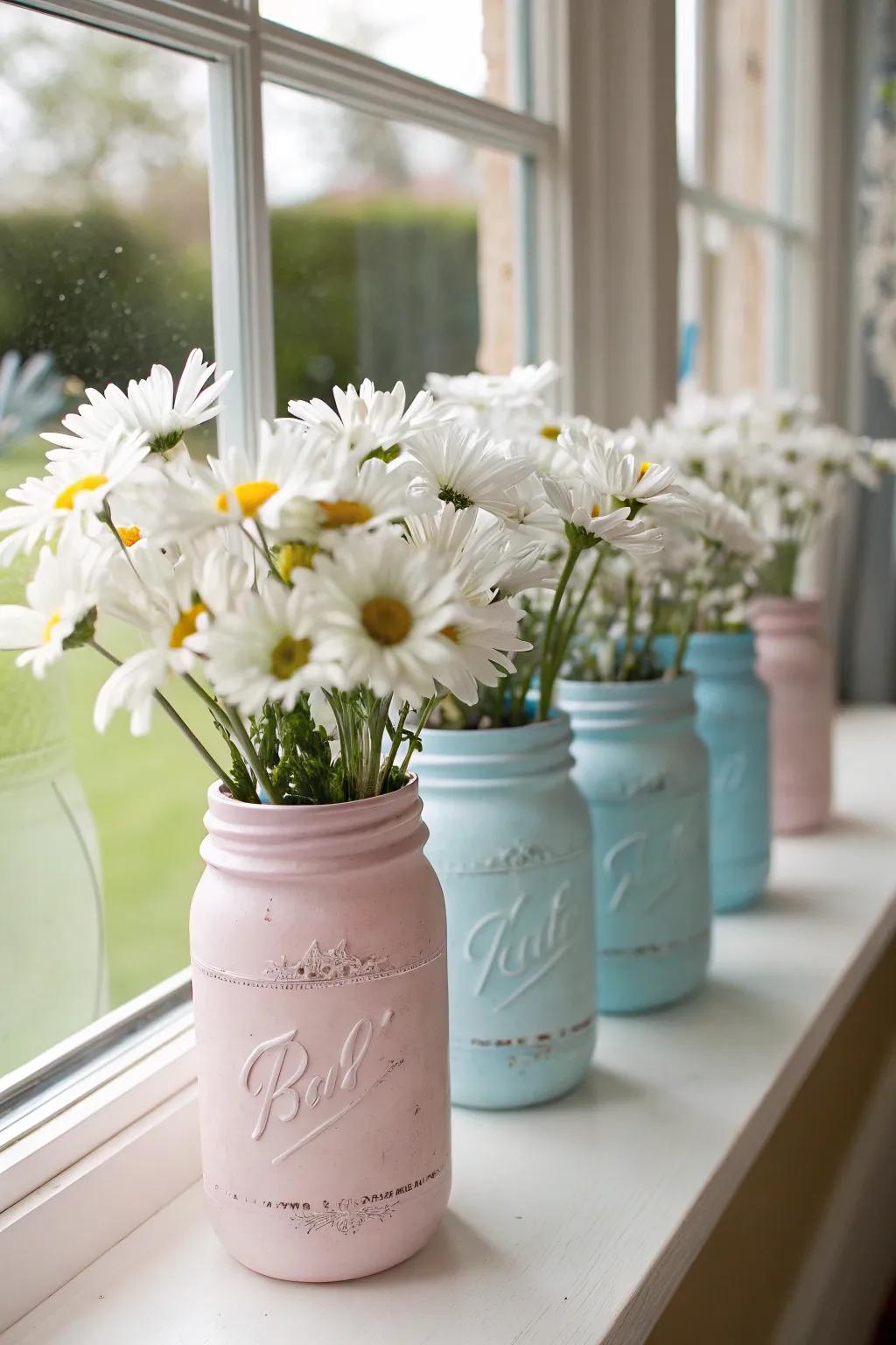 Pastel-painted mason jars bring color and joy.