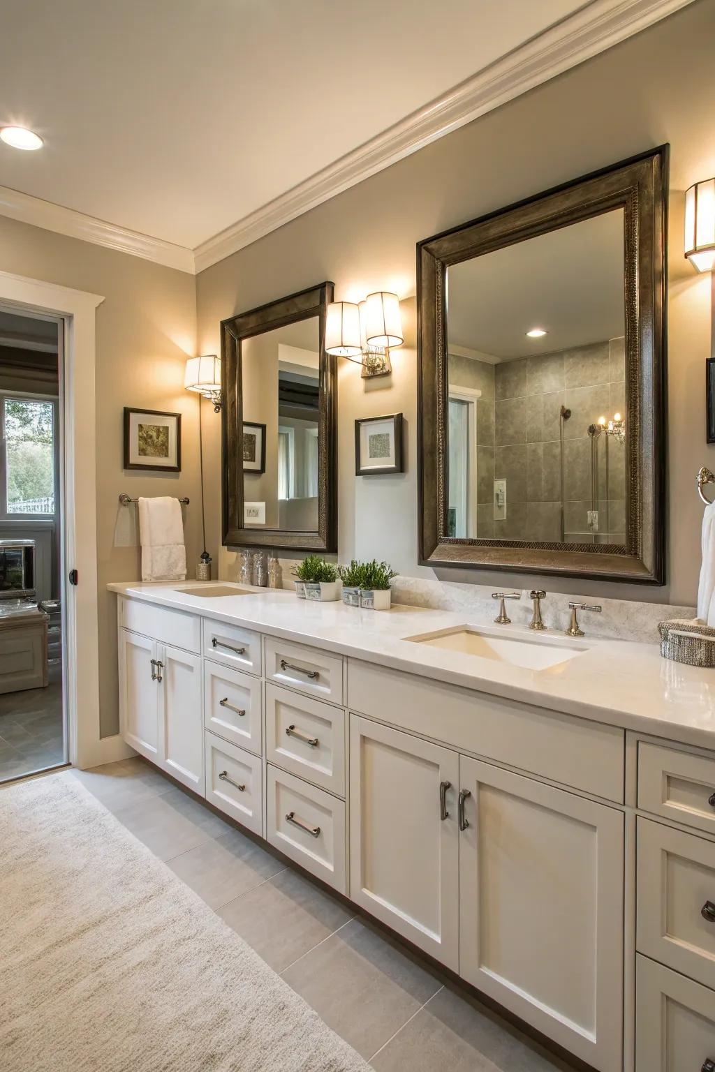 Double vanities provide personal space and enhance the bathroom's functional layout.