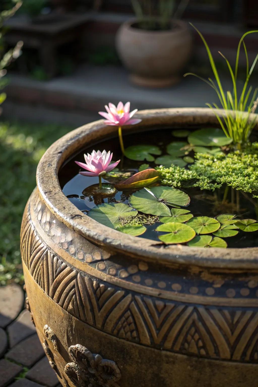 Dive into tranquility with a handcrafted mini water garden, where craftsmanship meets nature.