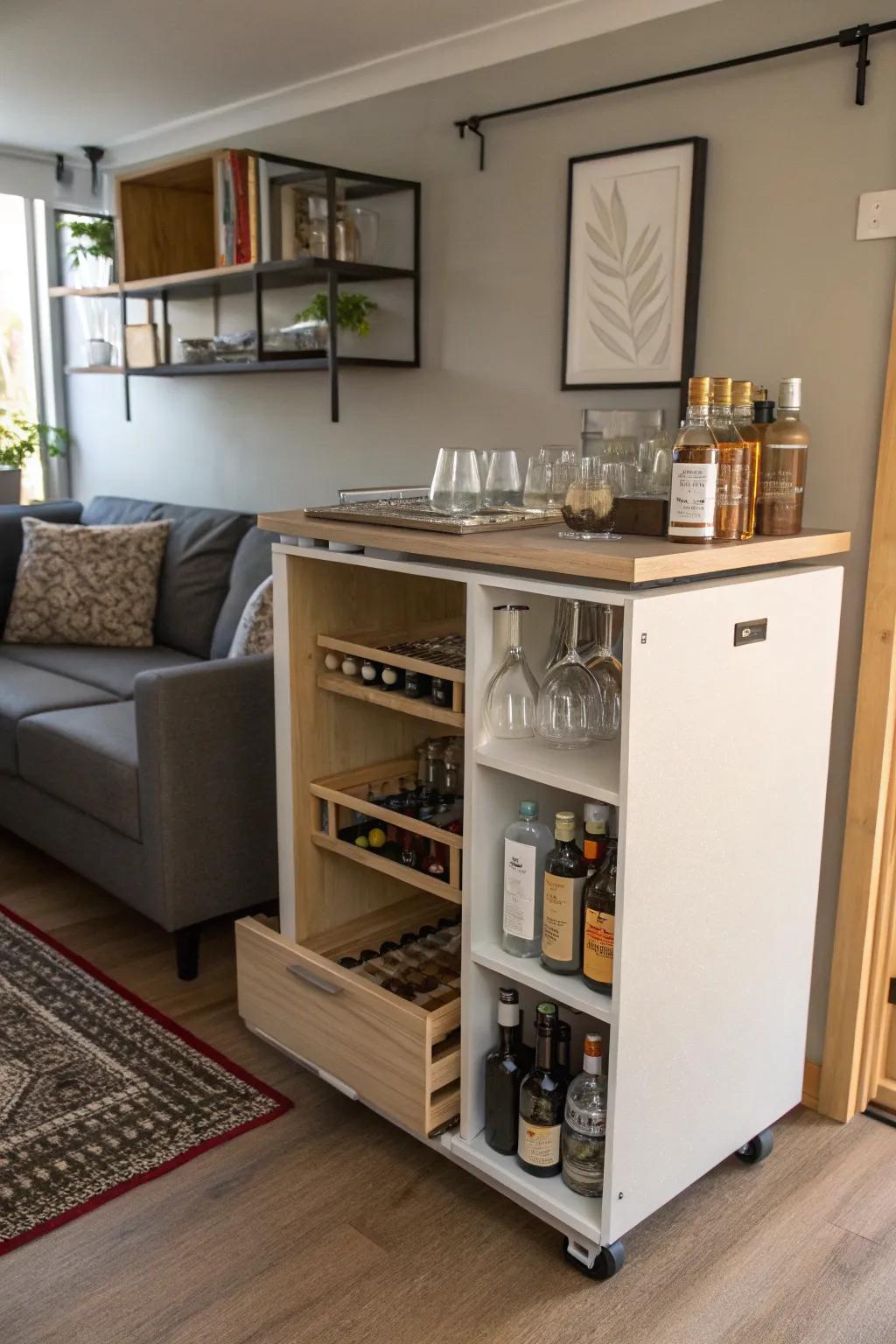 A compact mobile bar with creative storage solutions in a small space.