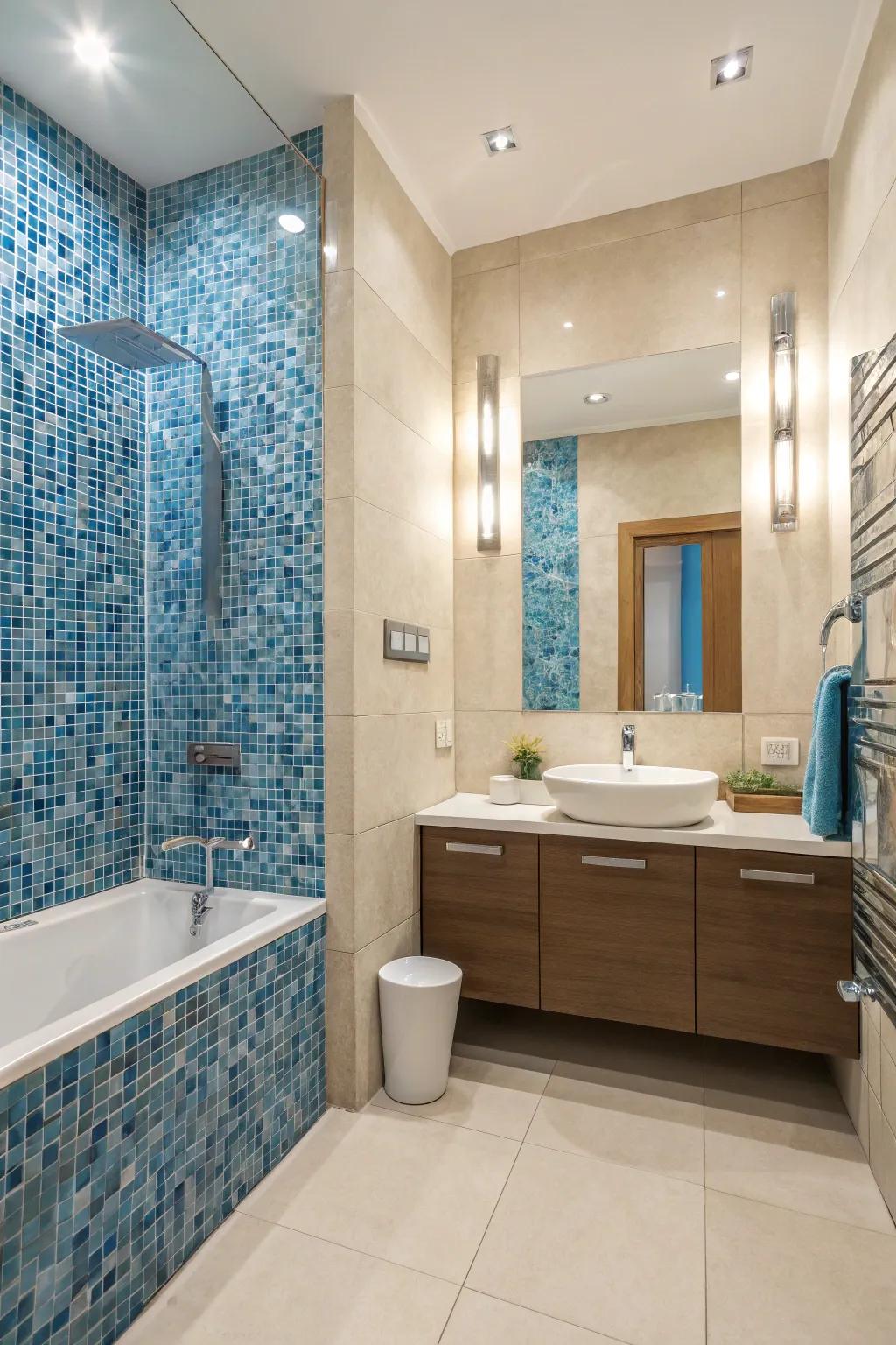 Blue mosaic tiles create a captivating focal point in this modern bathroom.