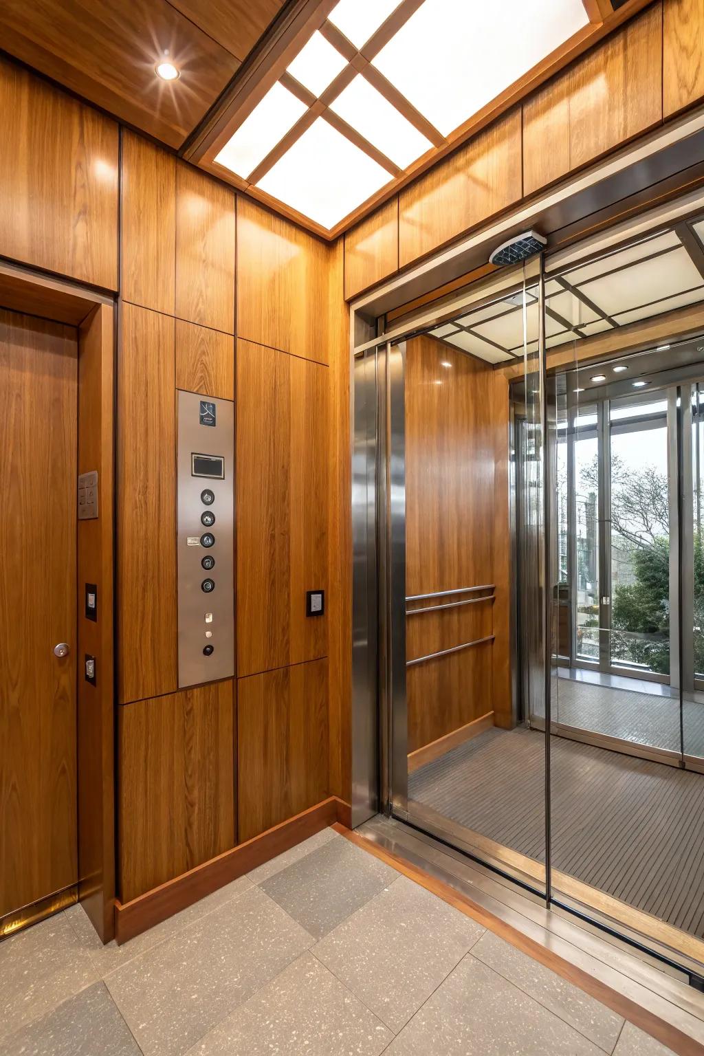 An elevator interior with warm wood paneling and glass elements for a balanced look.
