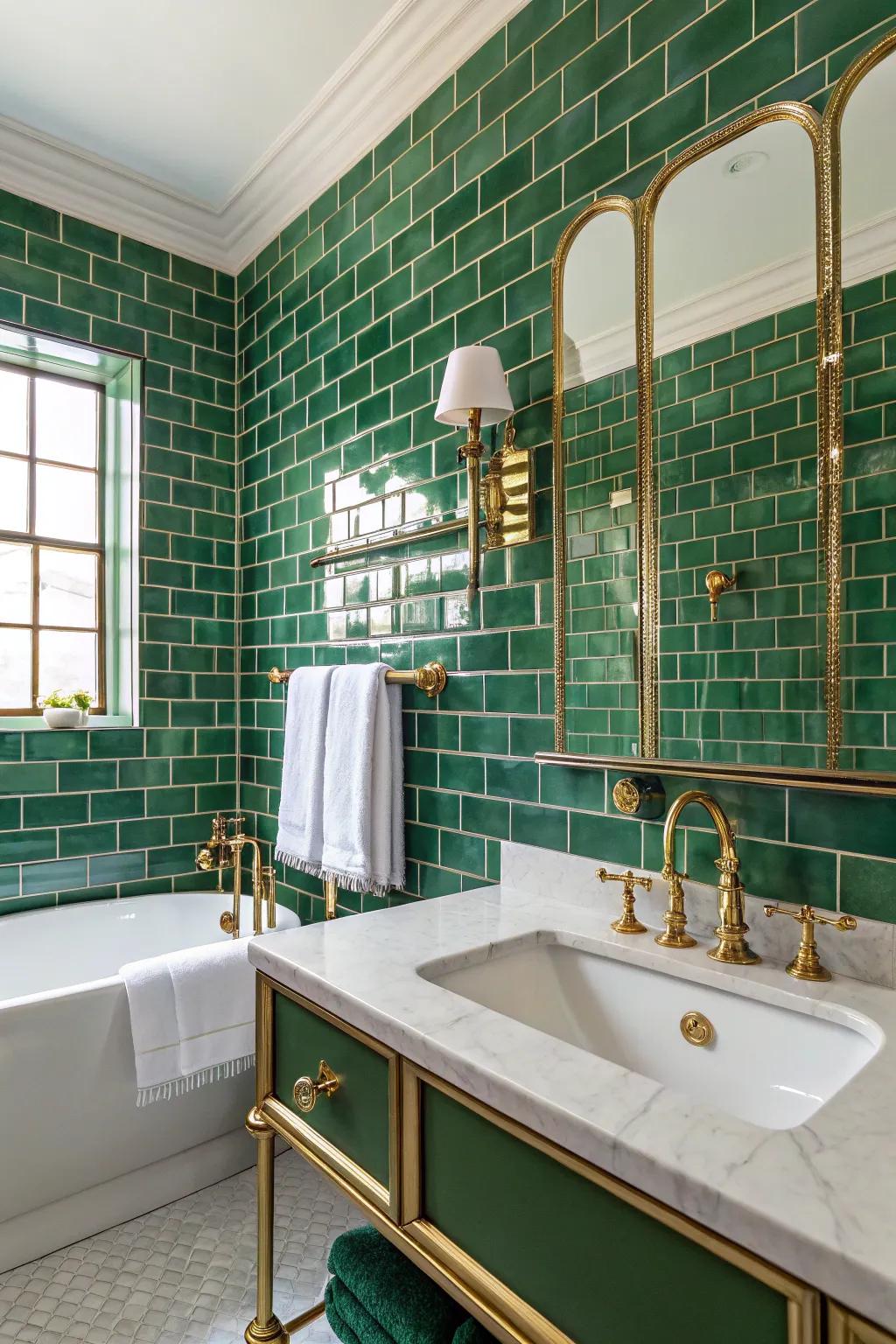 Emerald green tiles add a touch of regal elegance.