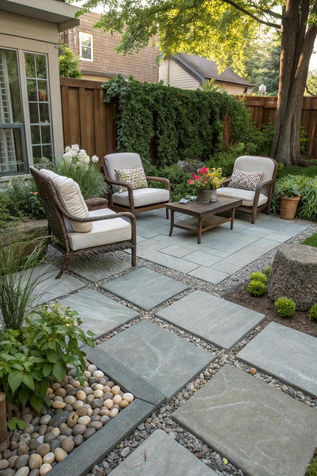 Mixing materials like gravel and pavers creates visual interest.