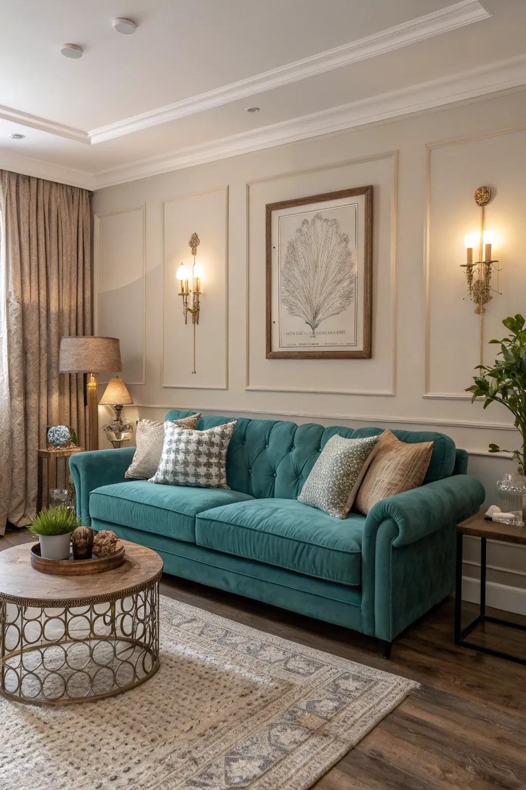 A plush teal sofa serves as the focal point in this elegantly styled living room.
