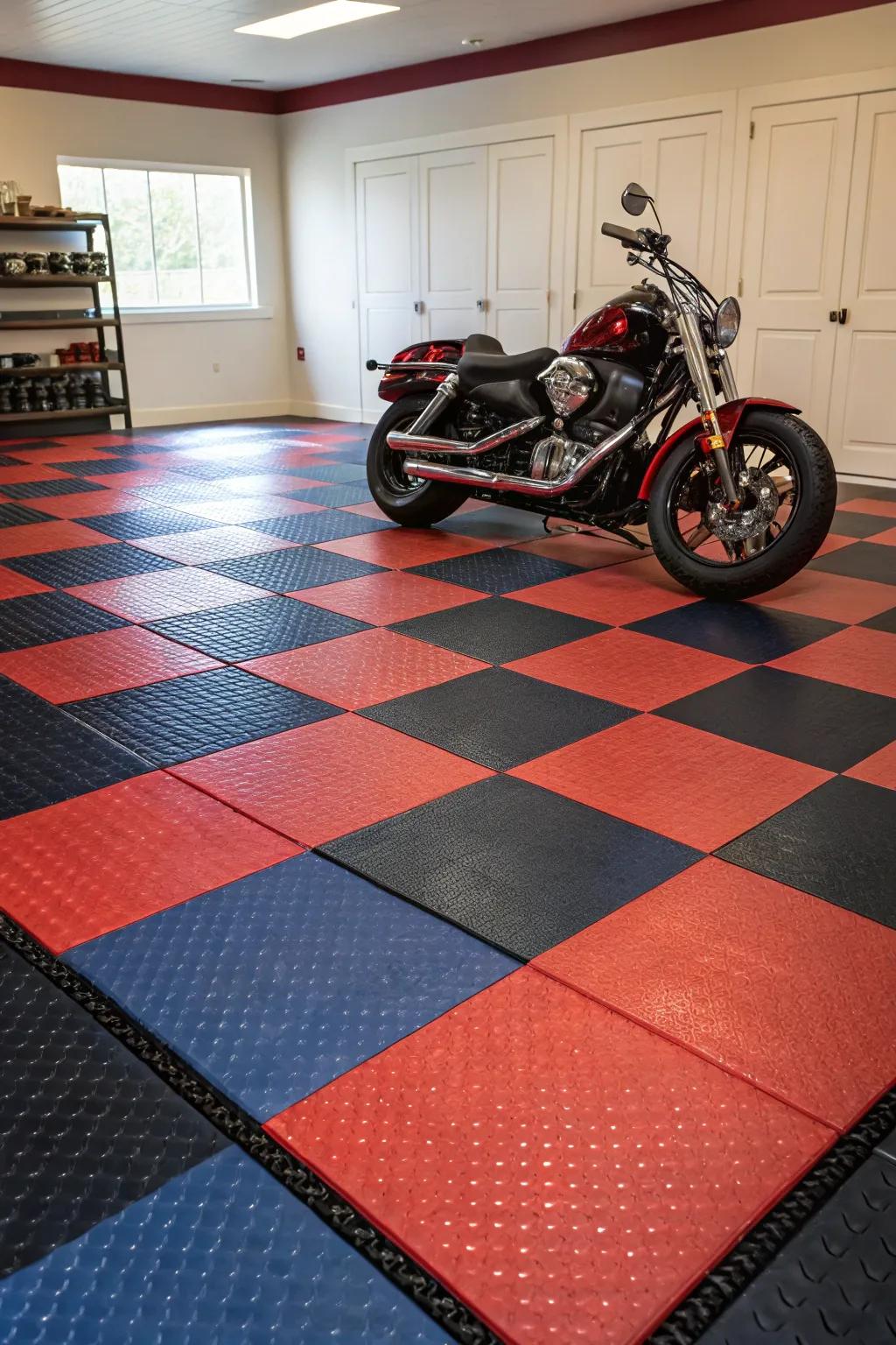 Elevate your garage game with vibrant flooring that turns your motorcycle into a showroom masterpiece.