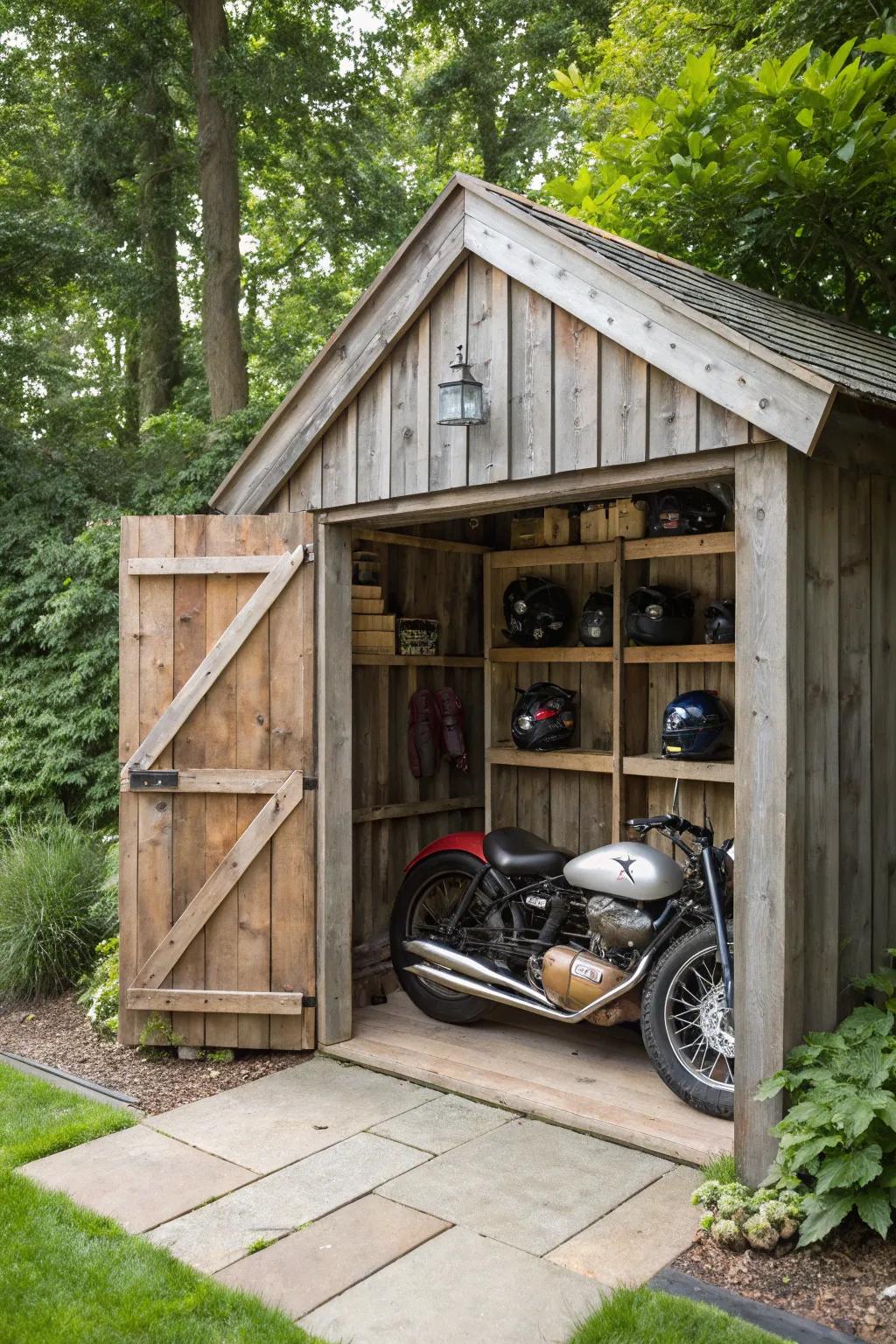Discover the rustic allure of a mini barn-style motorcycle shed, perfect for vintage bike enthusiasts.