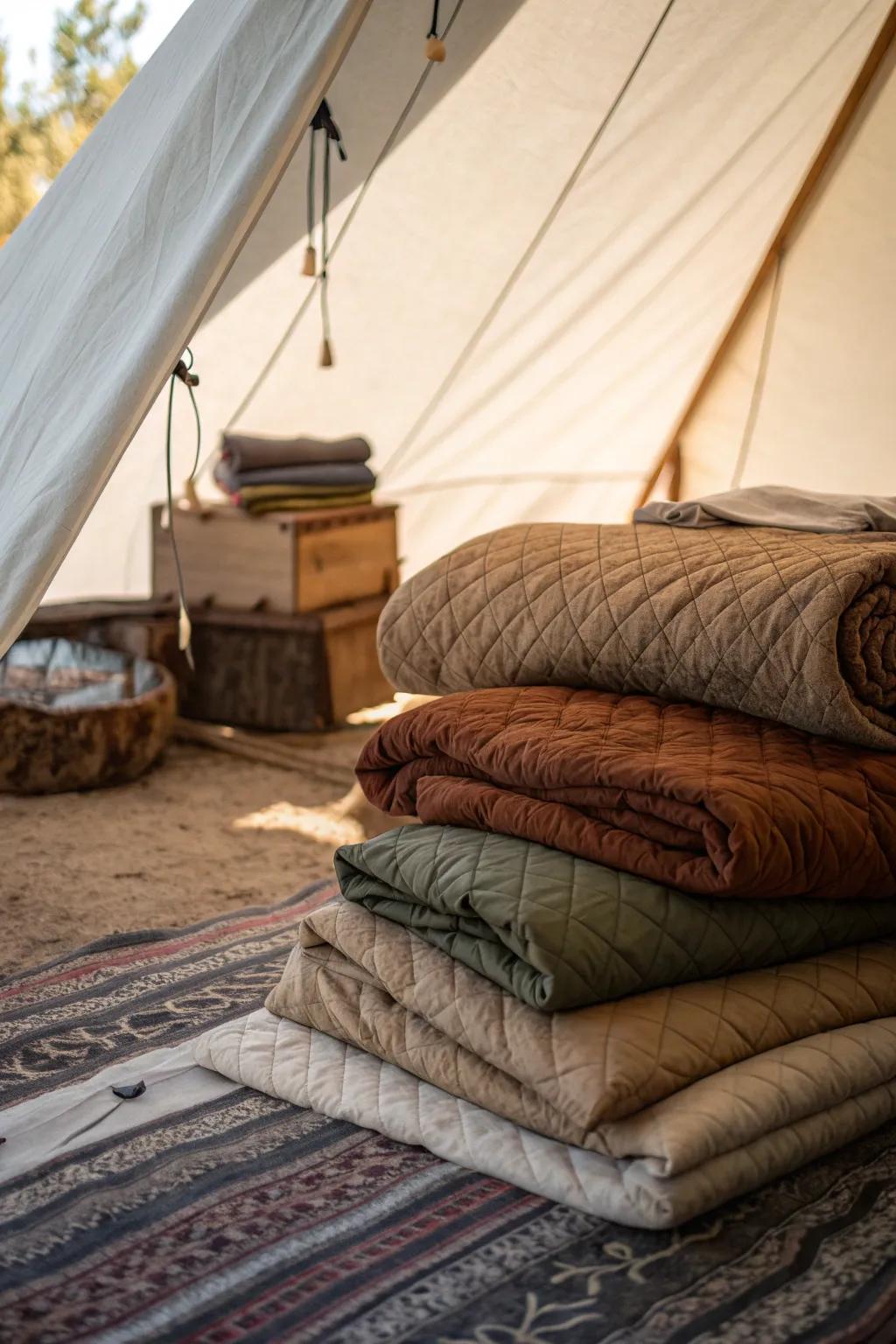Transform your tent into a warm haven with layers of quilted moving blankets.