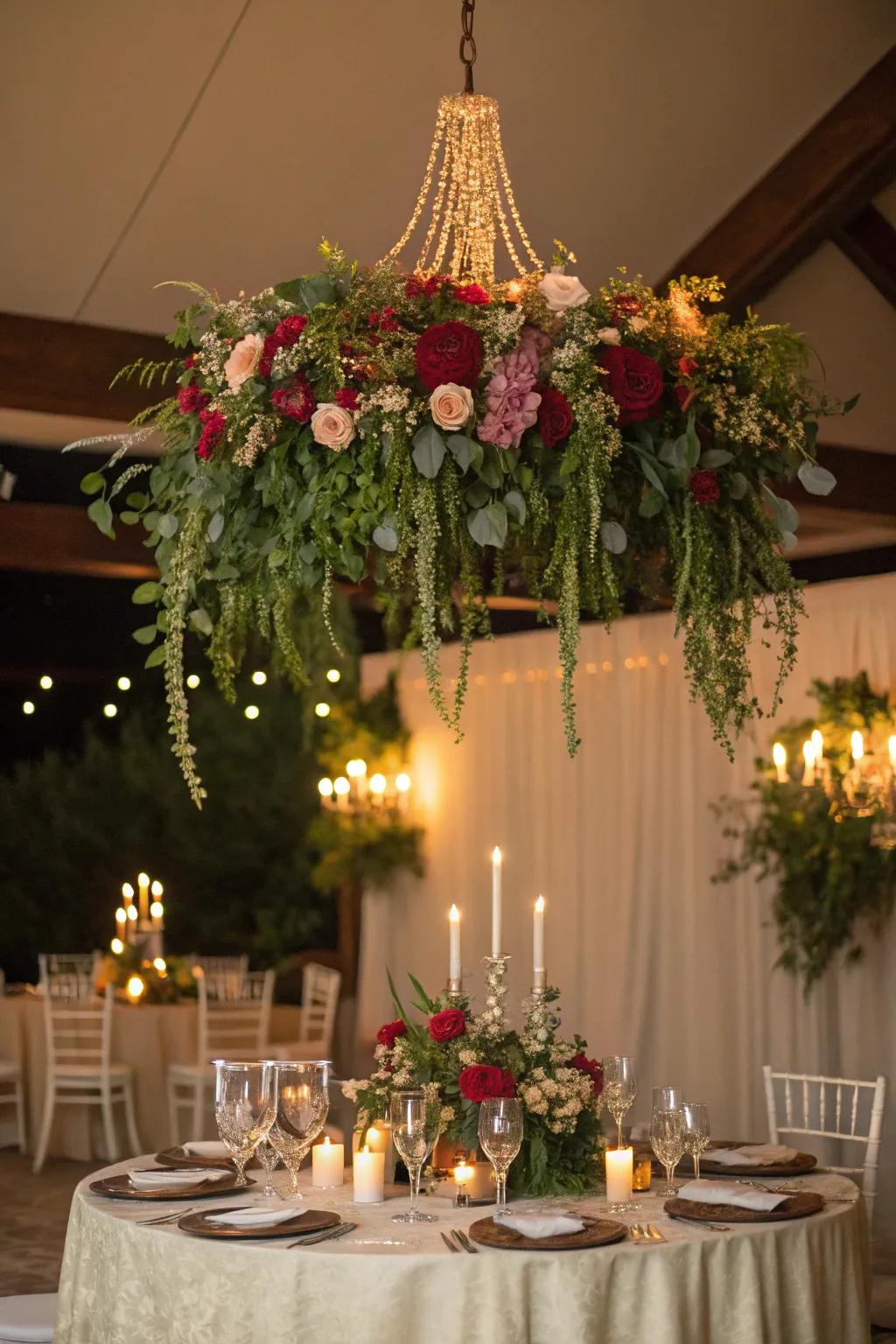 A beautiful floral chandelier adds elegance to a wedding reception.