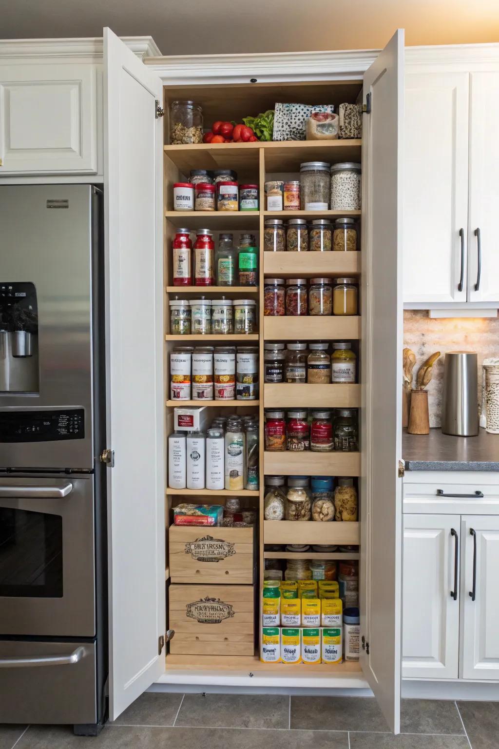 A tall, narrow kitchen cabinet efficiently using vertical space for pantry storage.